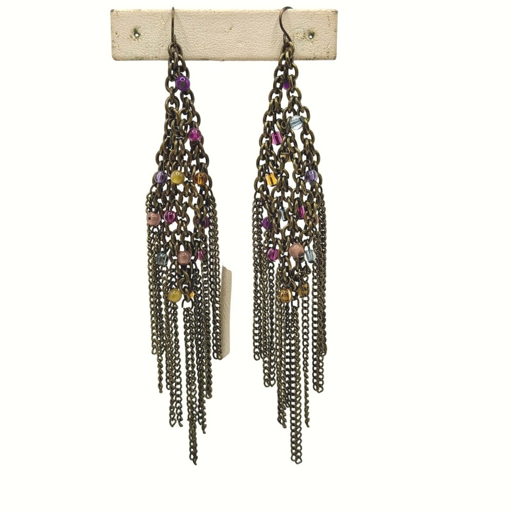 Antique Brass Tone Multi Color Bead Chain Tassel Chandelier Earrings Boho 4.5"‎